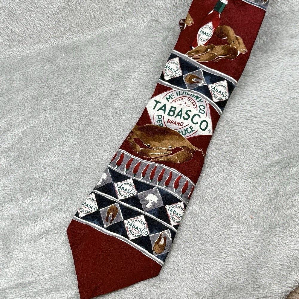 Tabasco Sauce Necktie Mens 4" Wide Maroon Diamond‎ Pattern Seafood 100% Silk Tie